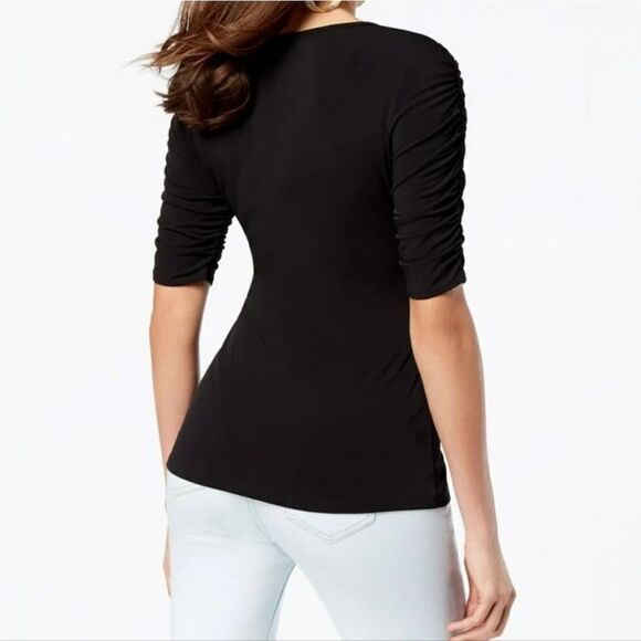 Thalia Sodi Women's Black Elbow Sleeve Keyhole Top - Picture 2 of 12